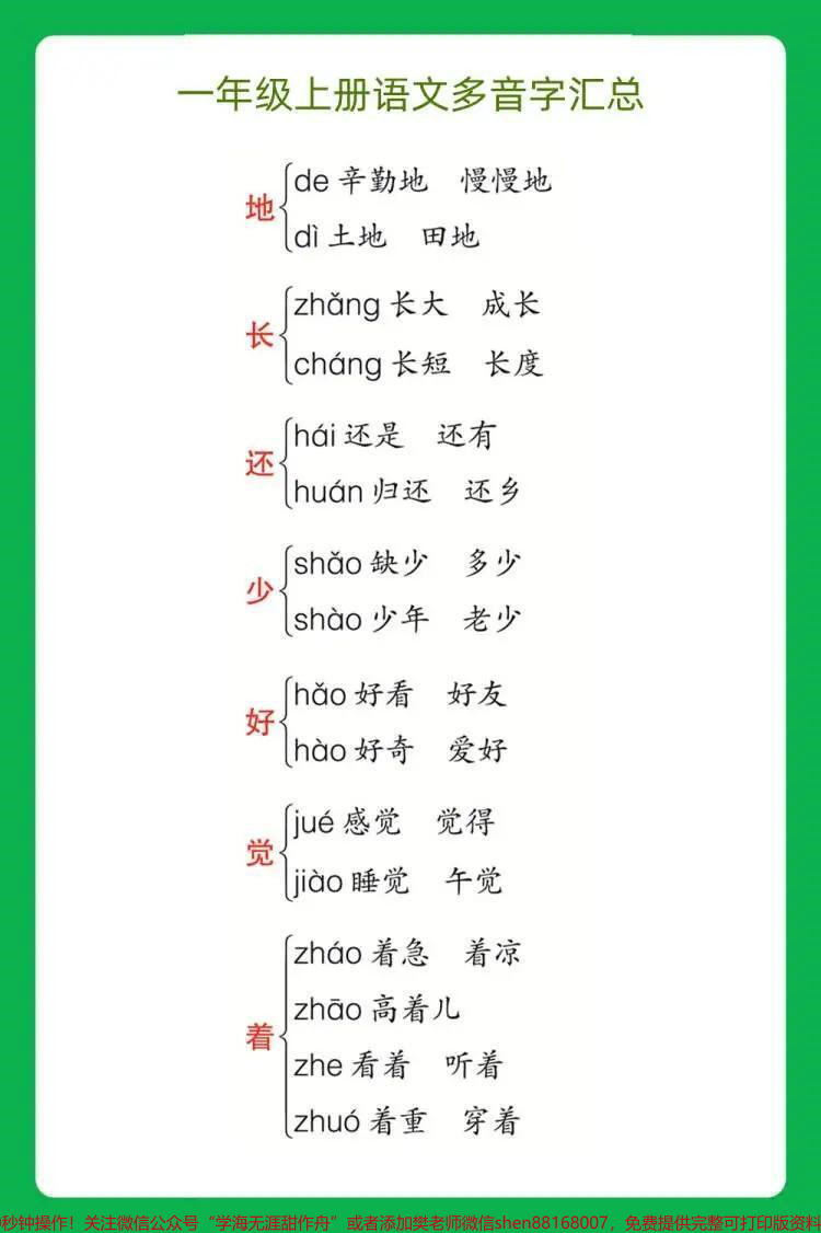 一年级上册语文多音字汇总_可打印_给大家整理了一年级上册教材中出现的多音字_每个多音字都有组词_方便区分_大家有需要的赶紧保存__一年级上册语文__幼小衔接__知识点总结__多音字__学习笔记