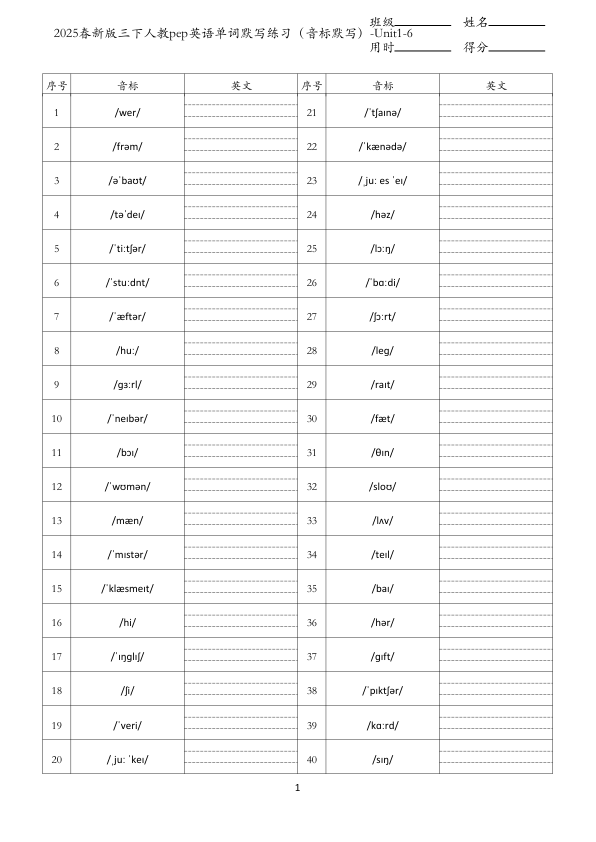 2025新版三下人教pep英语单词默写练习_音标默写_