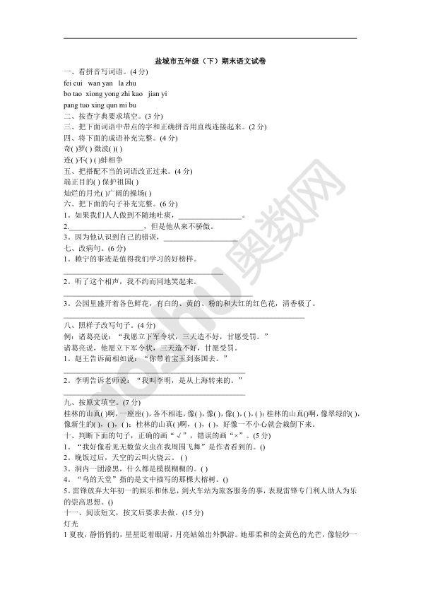 盐城市五年级_下_期末语文试卷