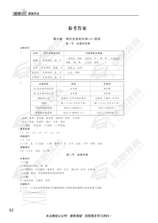 2020春季_课堂作业_地理7年级下册答案