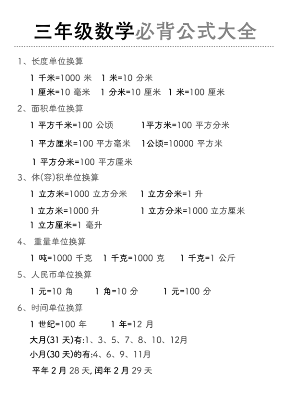 三年级_下_数学_必背公式和单位换算__通用_黑白